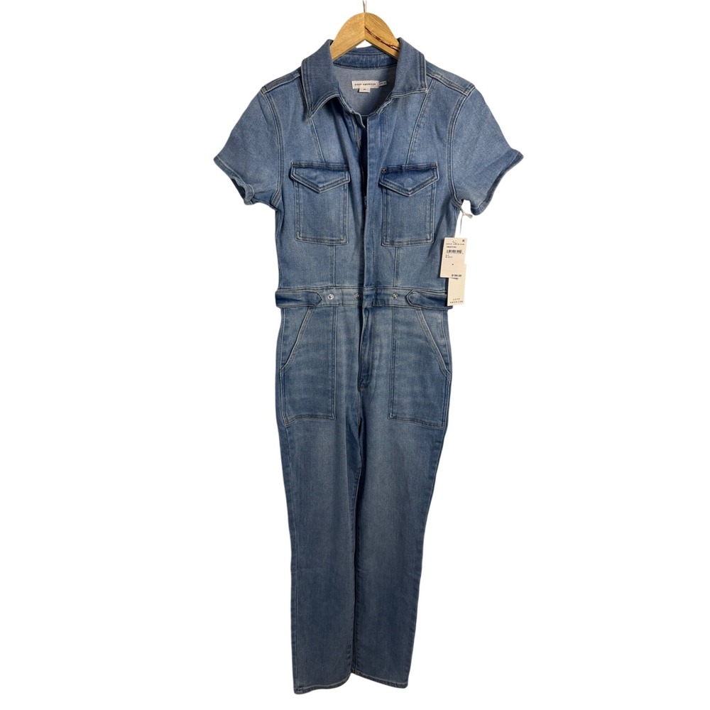 Good American Fit For Success Jumpsuit M Blue Denim Short Sleeve